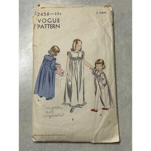 Vintage 1940's Vogue Pattern #2456 Easy to Make Girls Nightgown Size 4 Years